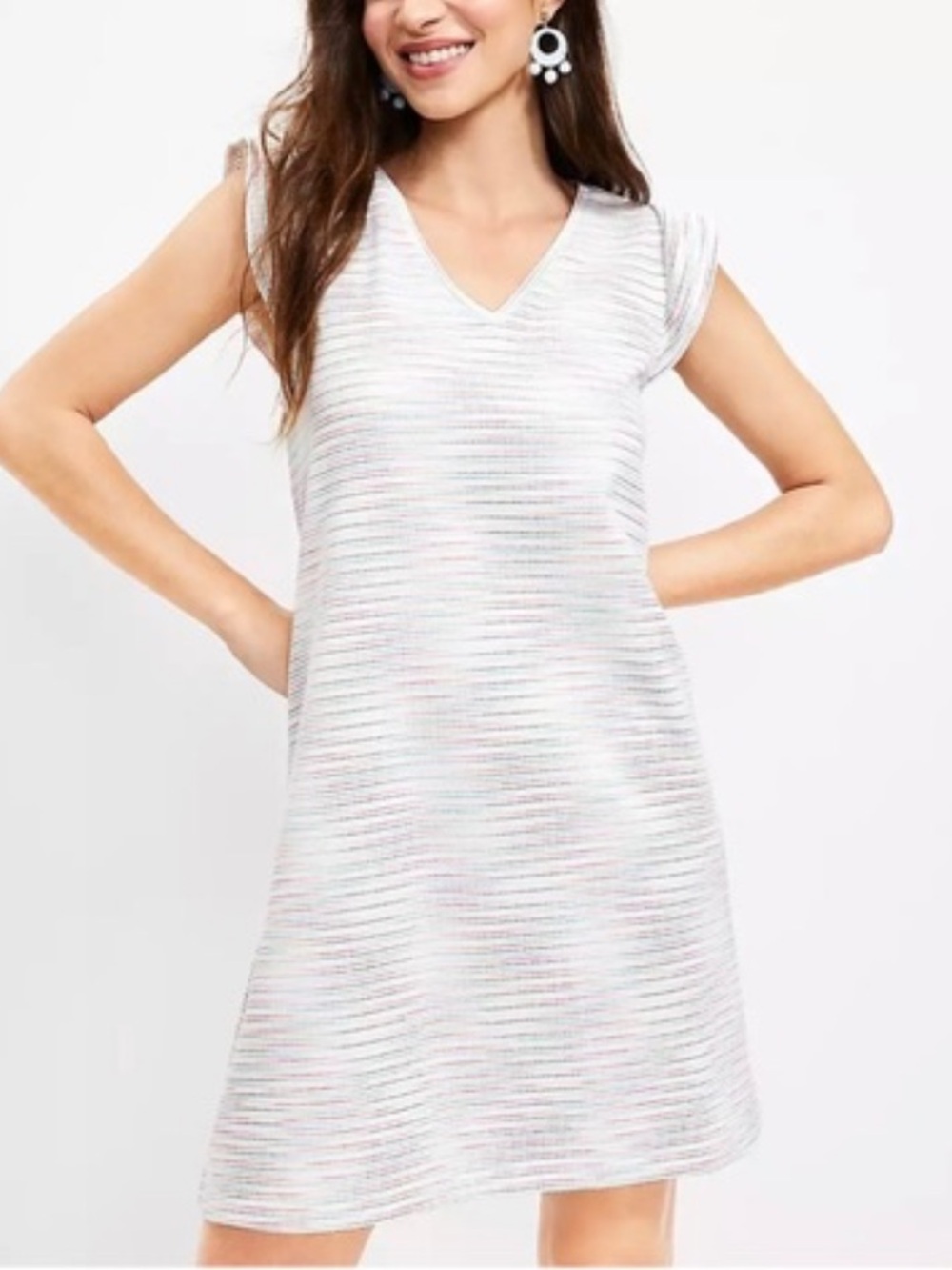 LOFT Textured striped ruffle sleeve V‑Neck Swing Dress Small